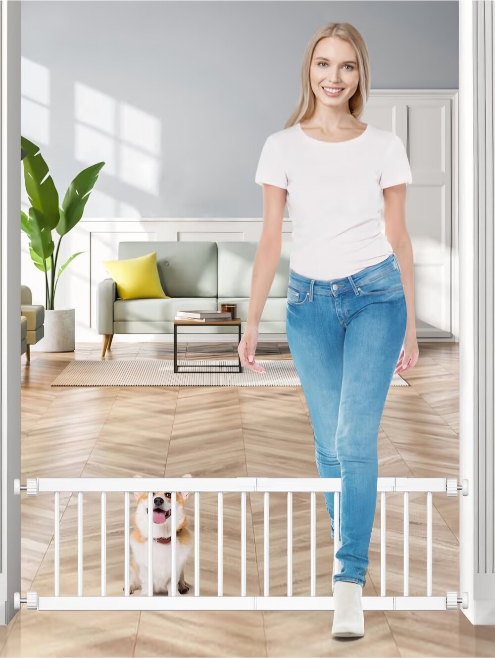 Adjustable White Pressure-Mount Pet Safety Gate for Dogs